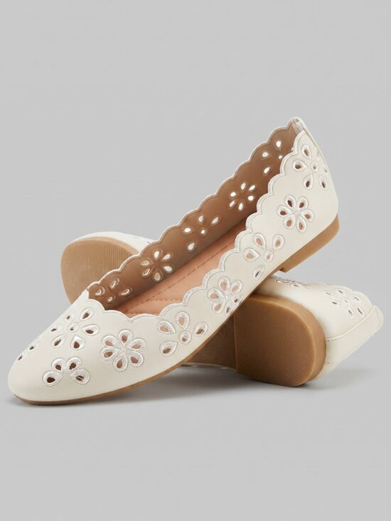 Shoes - Women's White Eyelet Ballet Flats Memory Foam Scalloped Cutout Shoes
